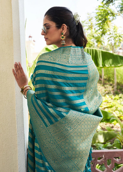 Teal Green Banarasi Soft Lichi Silk Saree with Zari Work for Women