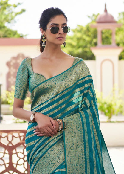 Teal Green Banarasi Soft Lichi Silk Saree with Zari Work for Women