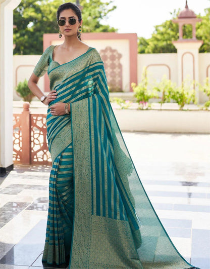 Teal Green Banarasi Soft Lichi Silk Saree with Zari Work for Women