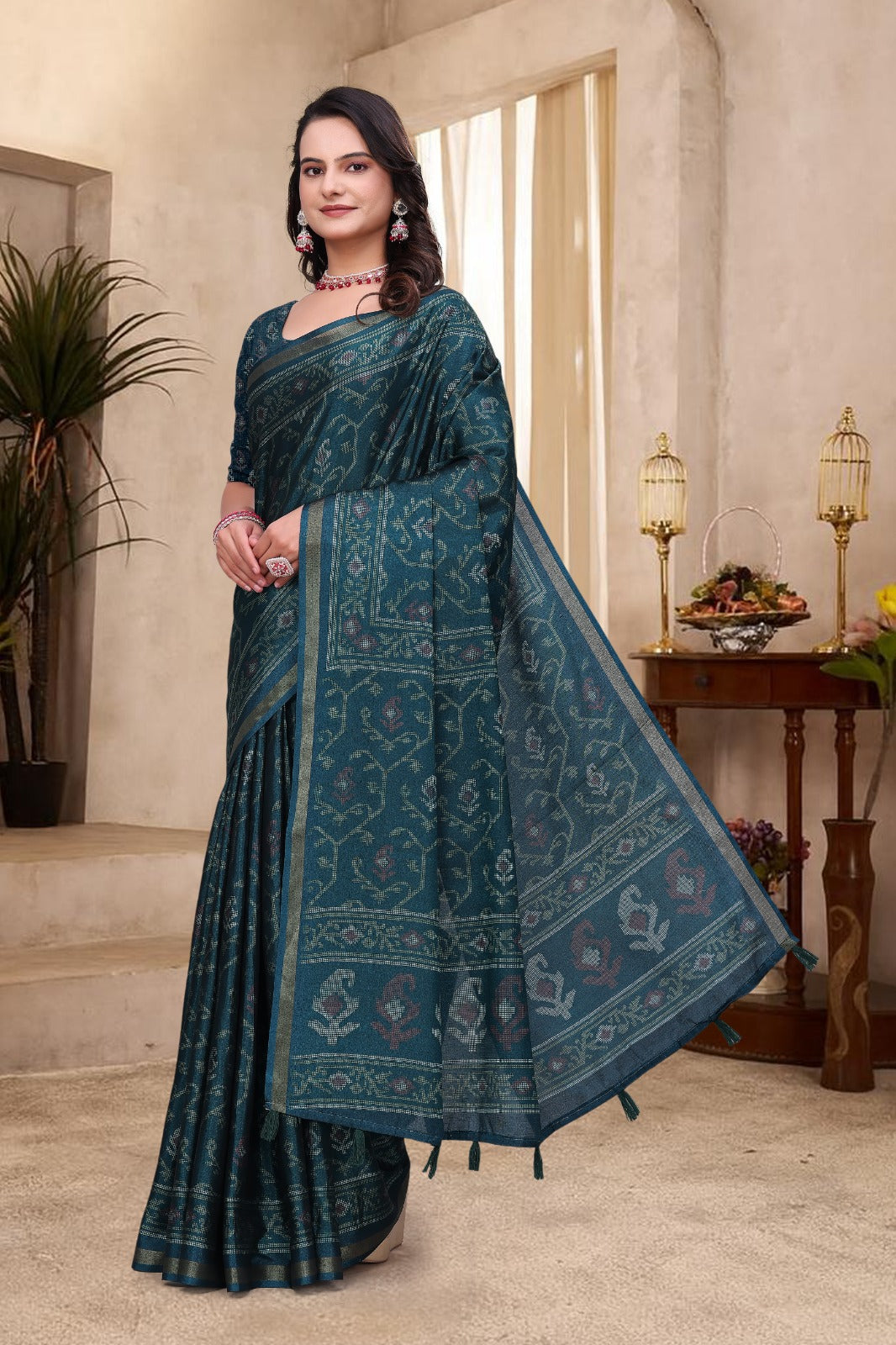 Teal Green Cotton Saree India for Women