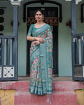 Teal Heritage Printed Linen Saree