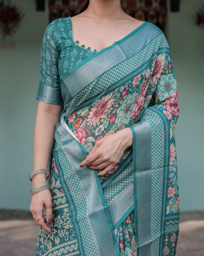 Teal Heritage Printed Linen Saree for Women
