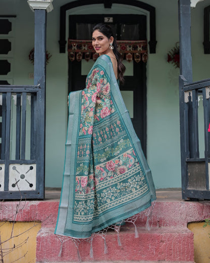 Teal Heritage Printed Linen Saree for Women