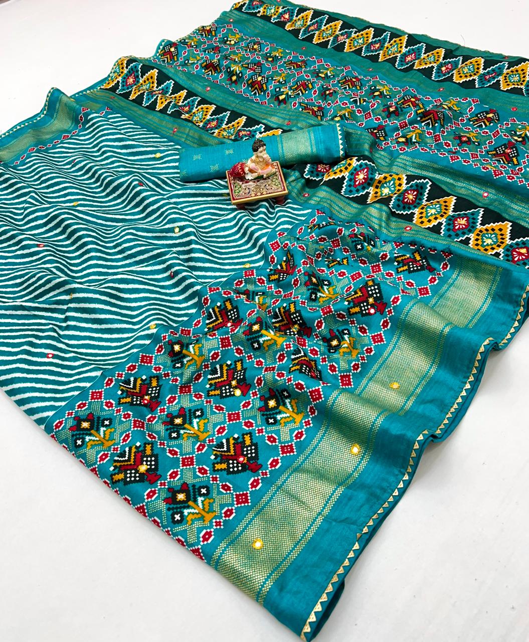 Teal Patola Border Pashmina Silk Saree With Mirror Work for Women