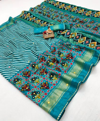 Teal Patola Border Pashmina Silk Saree With Mirror Work for Women