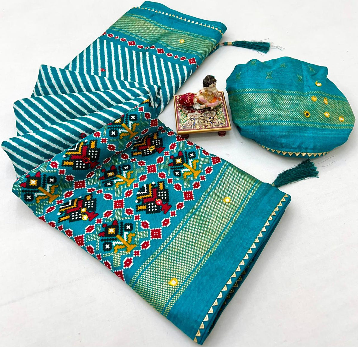 Teal Patola Border Pashmina Silk Saree With Mirror Work for Women