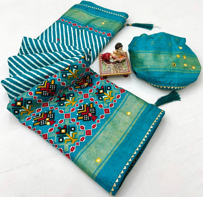Teal Patola Border Pashmina Silk Saree With Mirror Work for Women