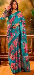 Teal Pink Floral Linen Cotton Saree with Zari Border