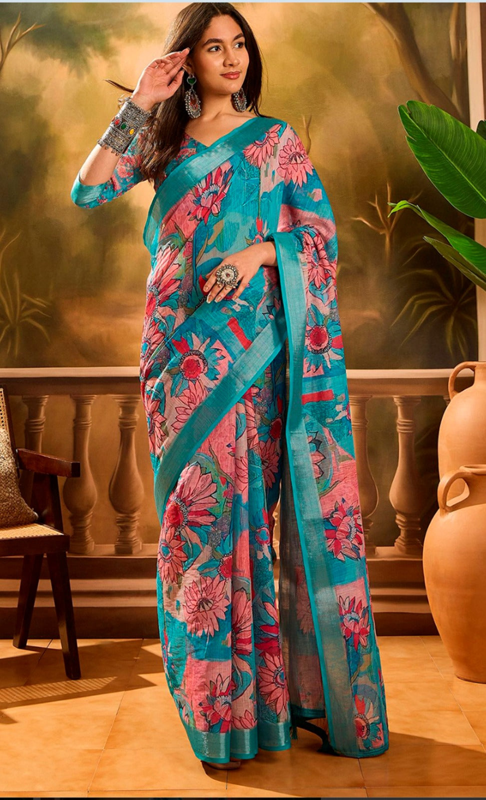 Teal Pink Floral Linen Cotton Saree with Zari Border for Women