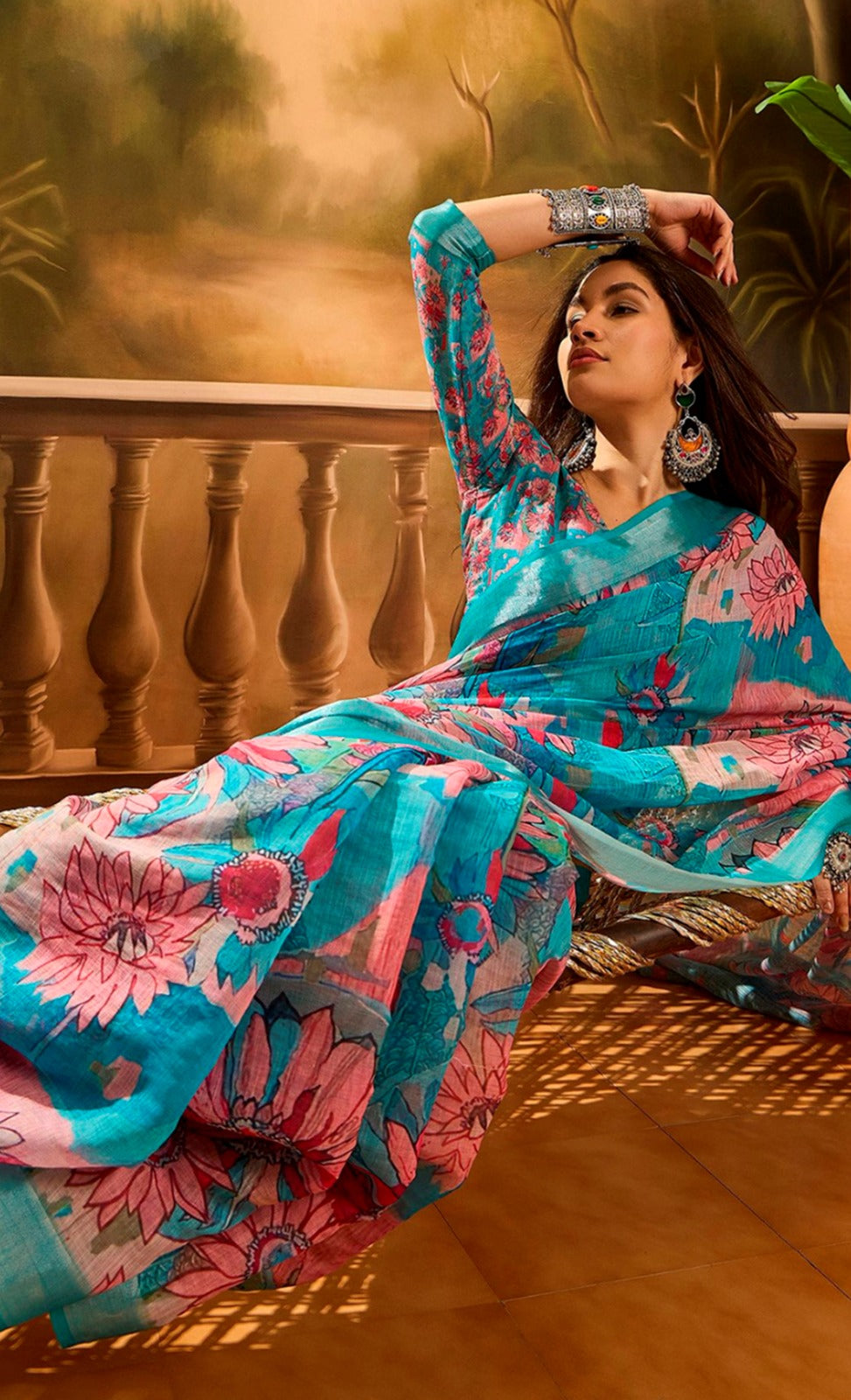 Teal Pink Floral Linen Cotton Saree with Zari Border for Women
