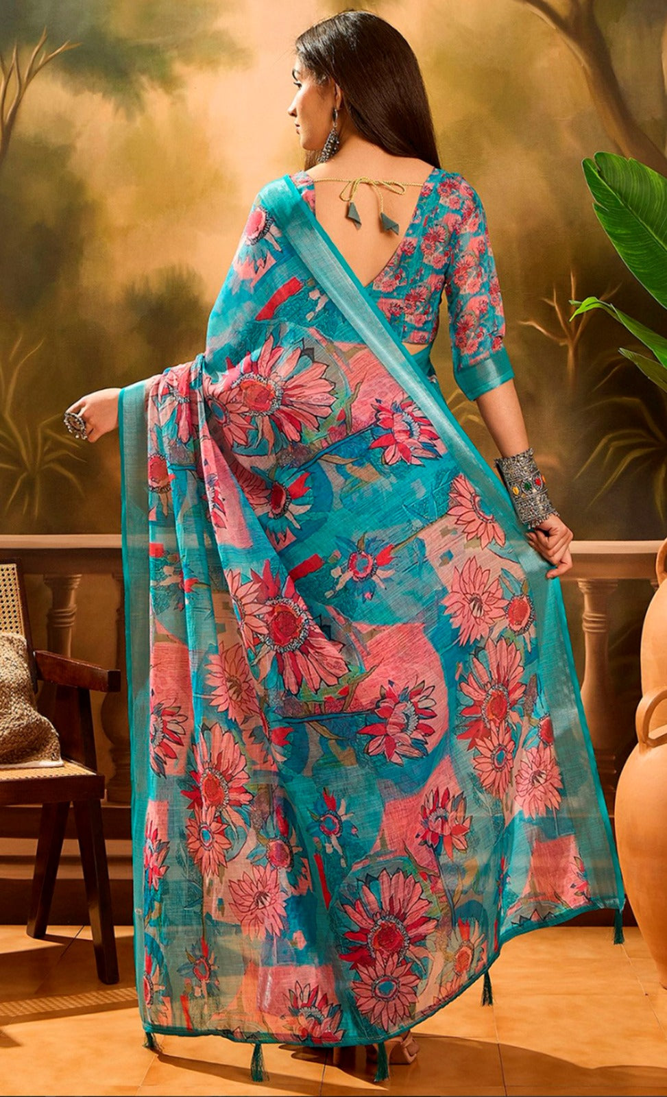 Teal Pink Floral Linen Cotton Saree with Zari Border for Women