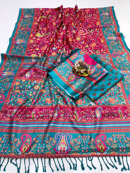 Teal Pink Digital Pashmina Saree With Shawl &amp; Blouse for Women