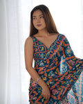 Teal Ethnic Print Chinon Saree with Mirror Border