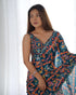 Teal Ethnic Print Chinon Saree with Mirror Border for Women
