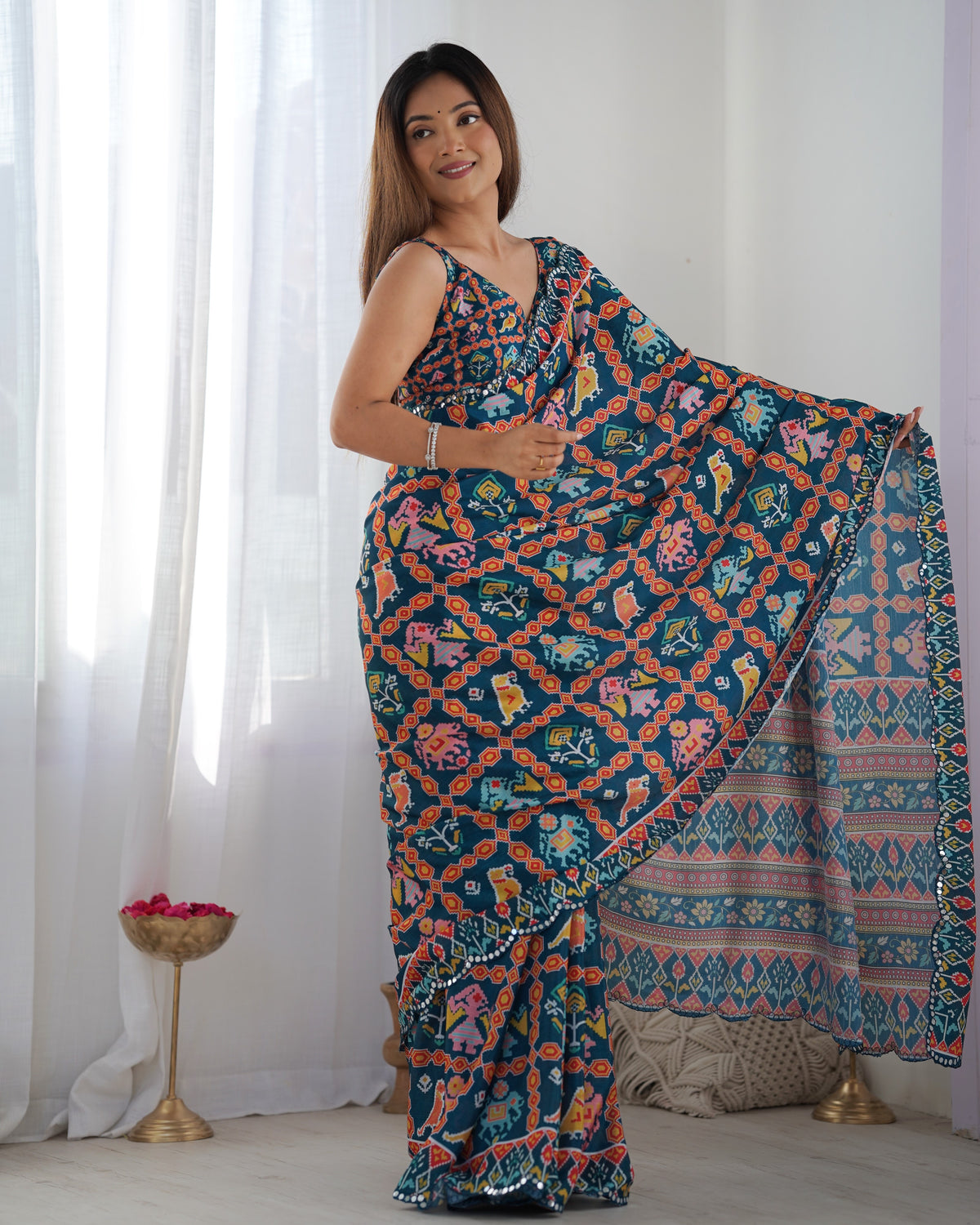 Teal Ethnic Print Chinon Saree with Mirror Border for Women