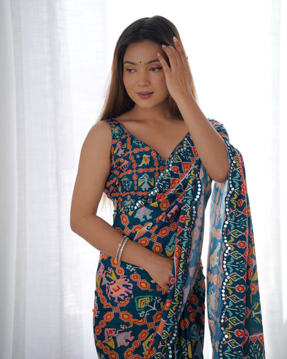Teal Ethnic Print Chinon Saree with Mirror Border for Women