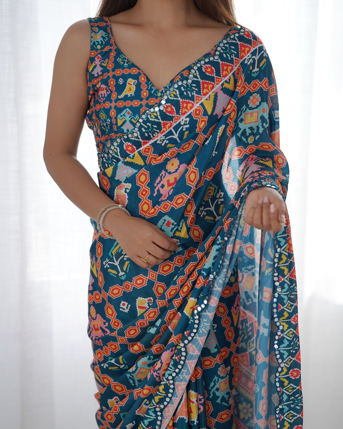 Teal Ethnic Print Chinon Saree with Mirror Border for Women
