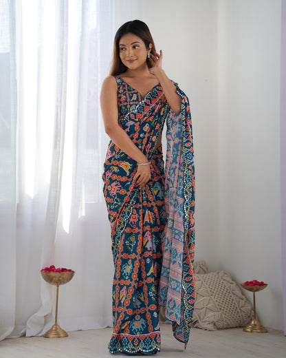 Teal Ethnic Print Chinon Saree with Mirror Border for Women