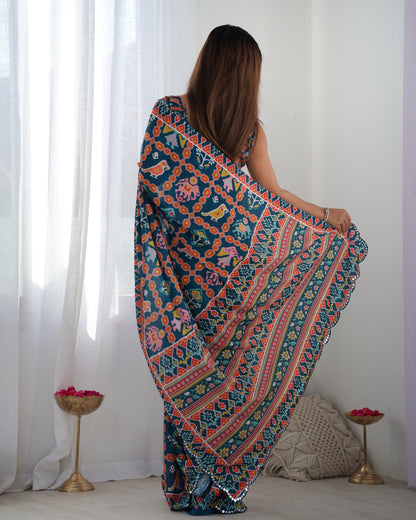 Teal Ethnic Print Chinon Saree with Mirror Border for Women