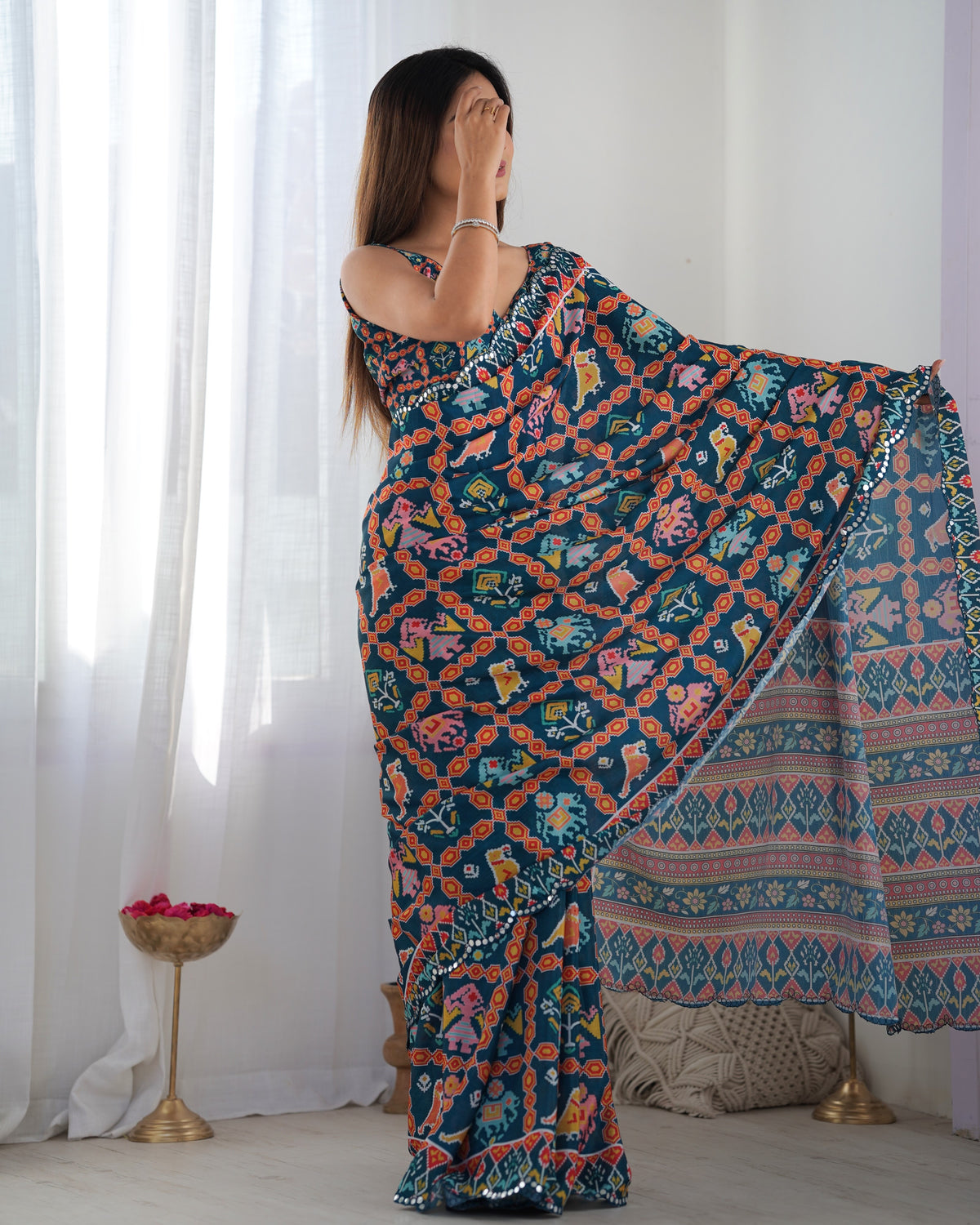 Teal Ethnic Print Chinon Saree with Mirror Border for Women