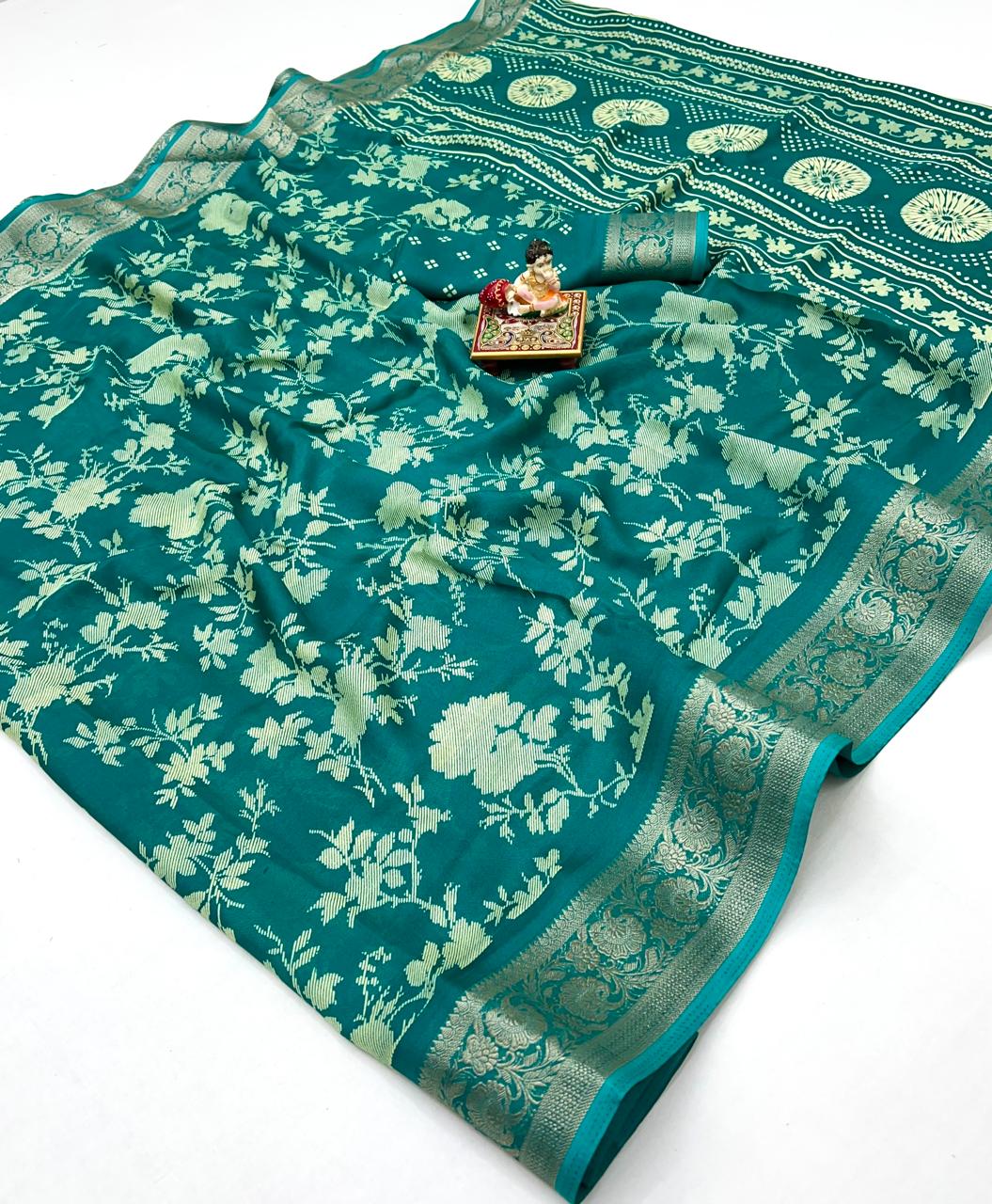 Teal Floral Print Moss Georgette Saree With Zari Border for Women