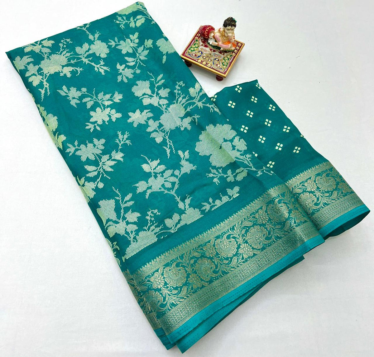 Teal Floral Print Moss Georgette Saree With Zari Border for Women