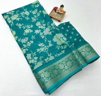 Teal Floral Print Moss Georgette Saree With Zari Border for Women