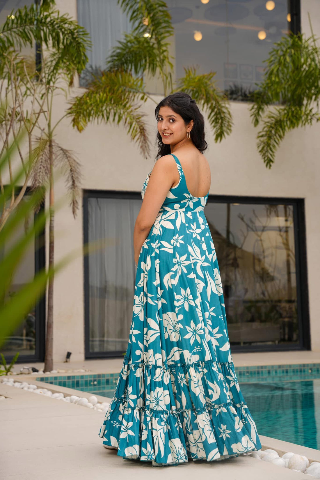 Teal Floral Printed Maxi Dress Summer Wear for Women