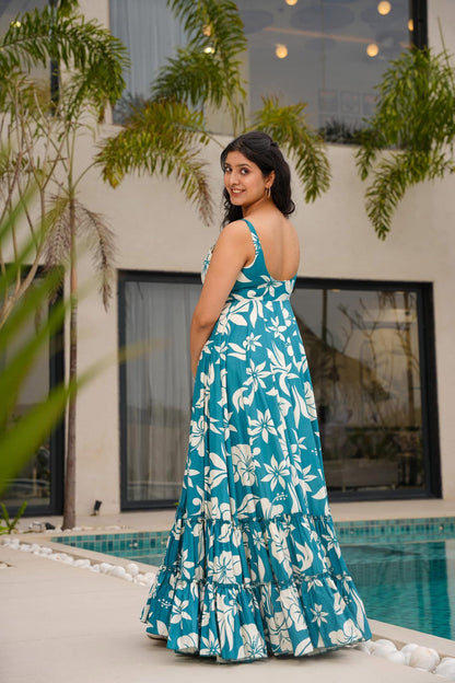 Teal Floral Printed Maxi Dress Summer Wear for Women