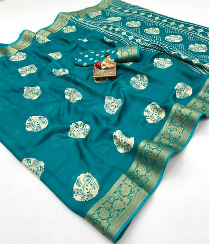 Stylish Teal Printed Moss Georgette Saree With Blouse for Women