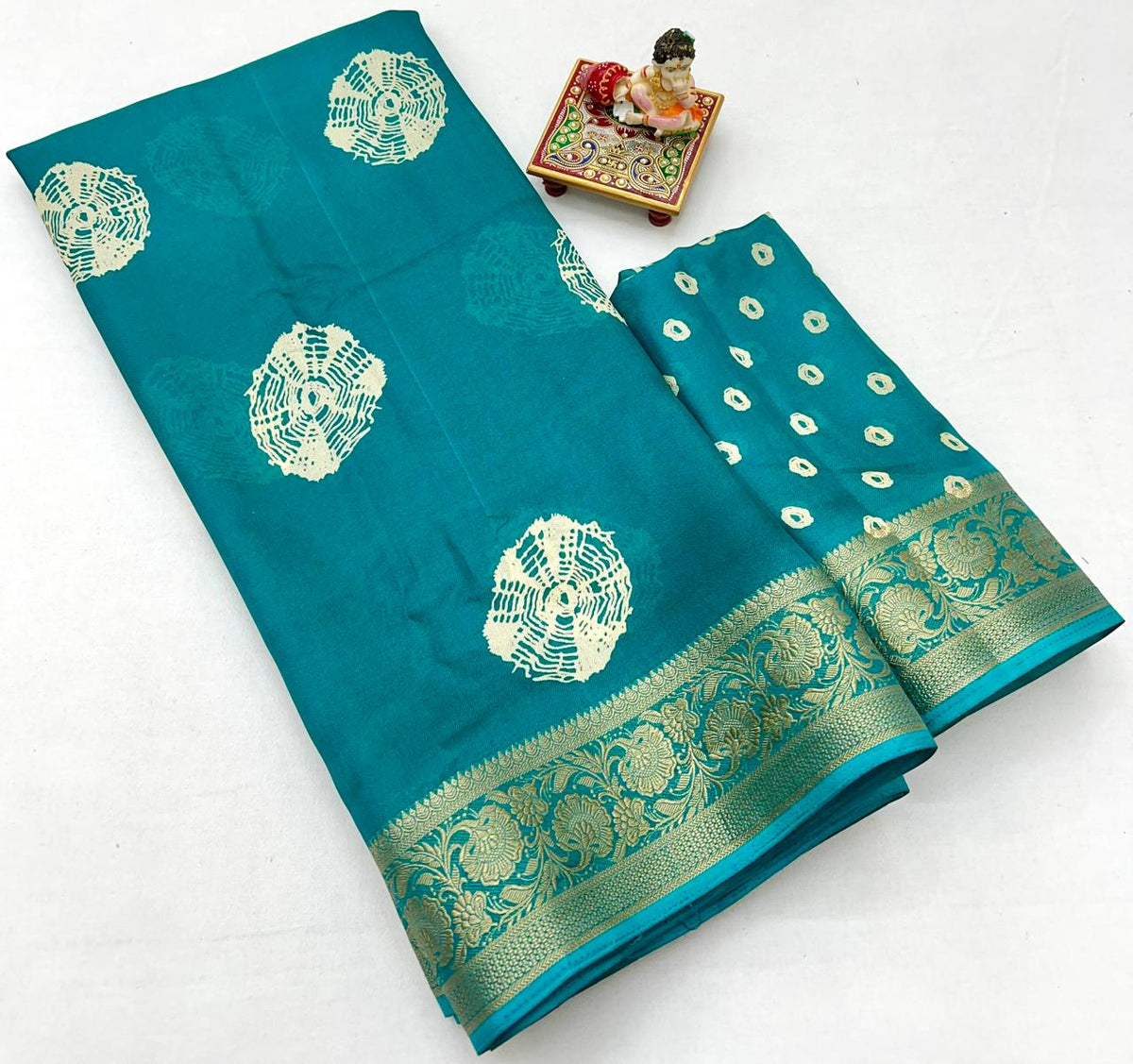 Stylish Teal Printed Moss Georgette Saree With Blouse for Women