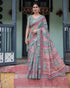 Teal Green Printed Linen Saree with Ethnic Border for Women