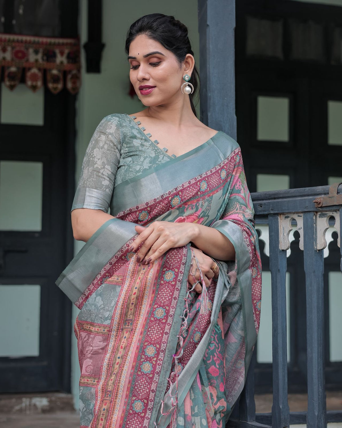 Teal Green Printed Linen Saree with Ethnic Border for Women