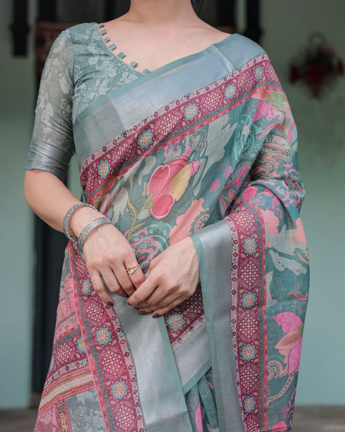 Teal Green Printed Linen Saree with Ethnic Border for Women