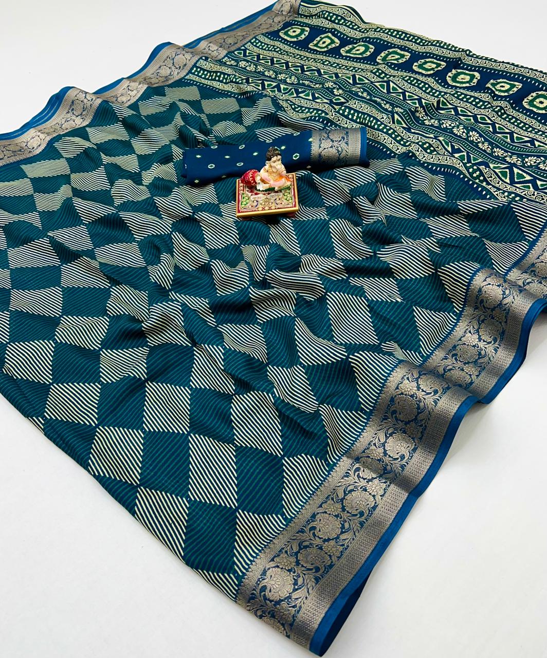 Teal Printed Moss Georgette Saree With Zari Border