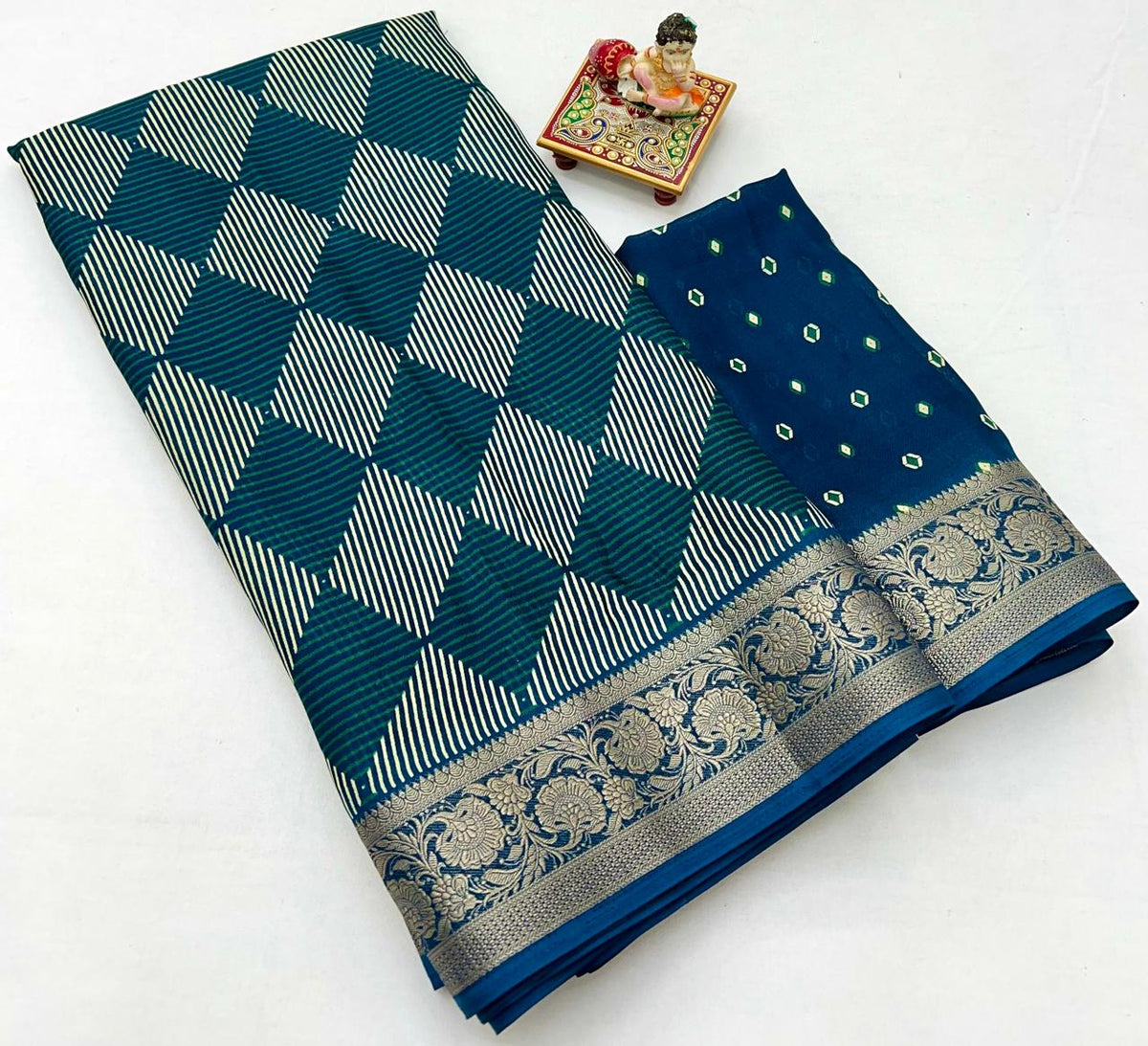 Teal Printed Moss Georgette Saree With Zari Border 3 for Women