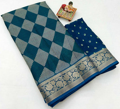 Teal Printed Moss Georgette Saree With Zari Border 3 for Women