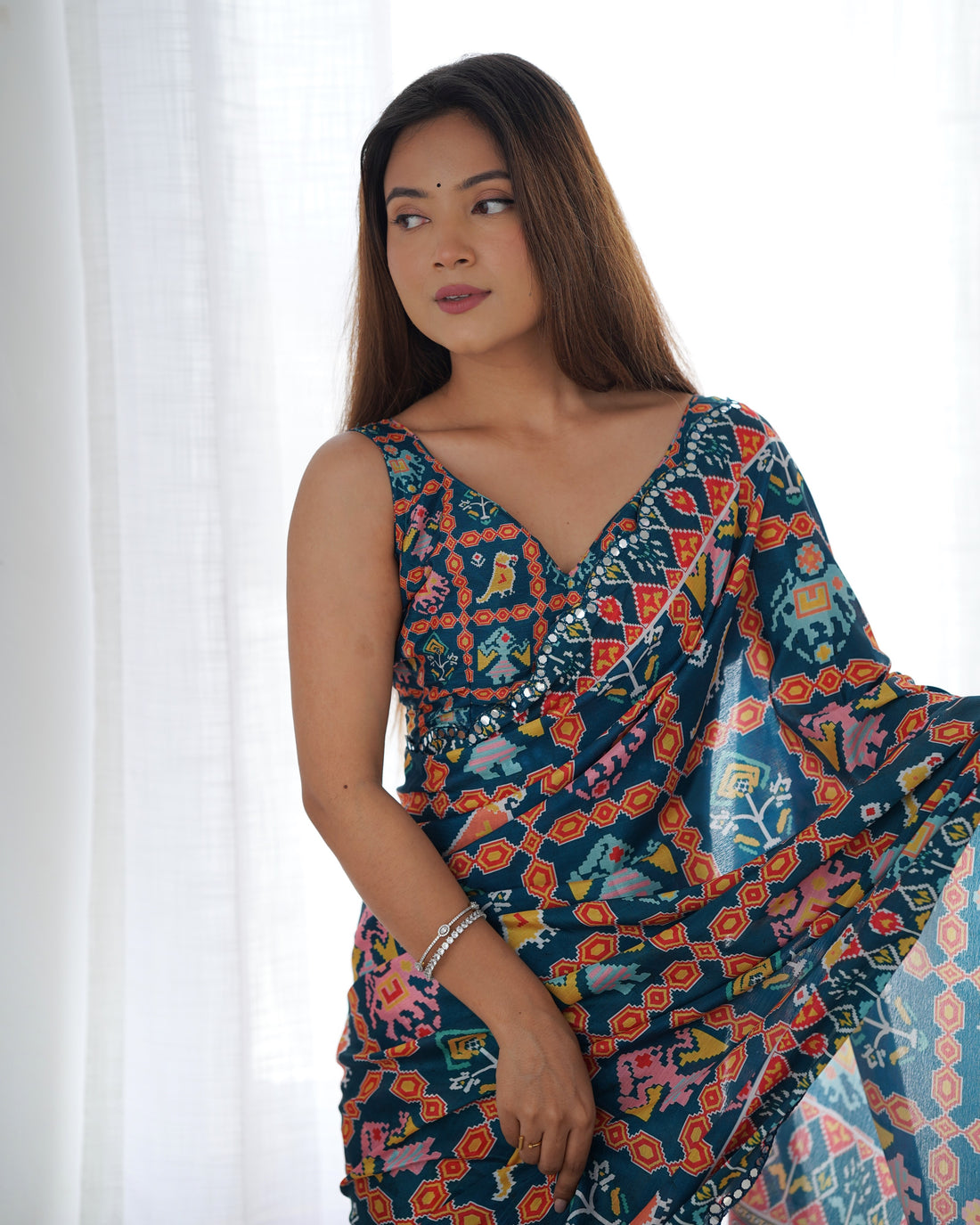Teal Printed Chinon Saree with Mirror Lace Border for Women
