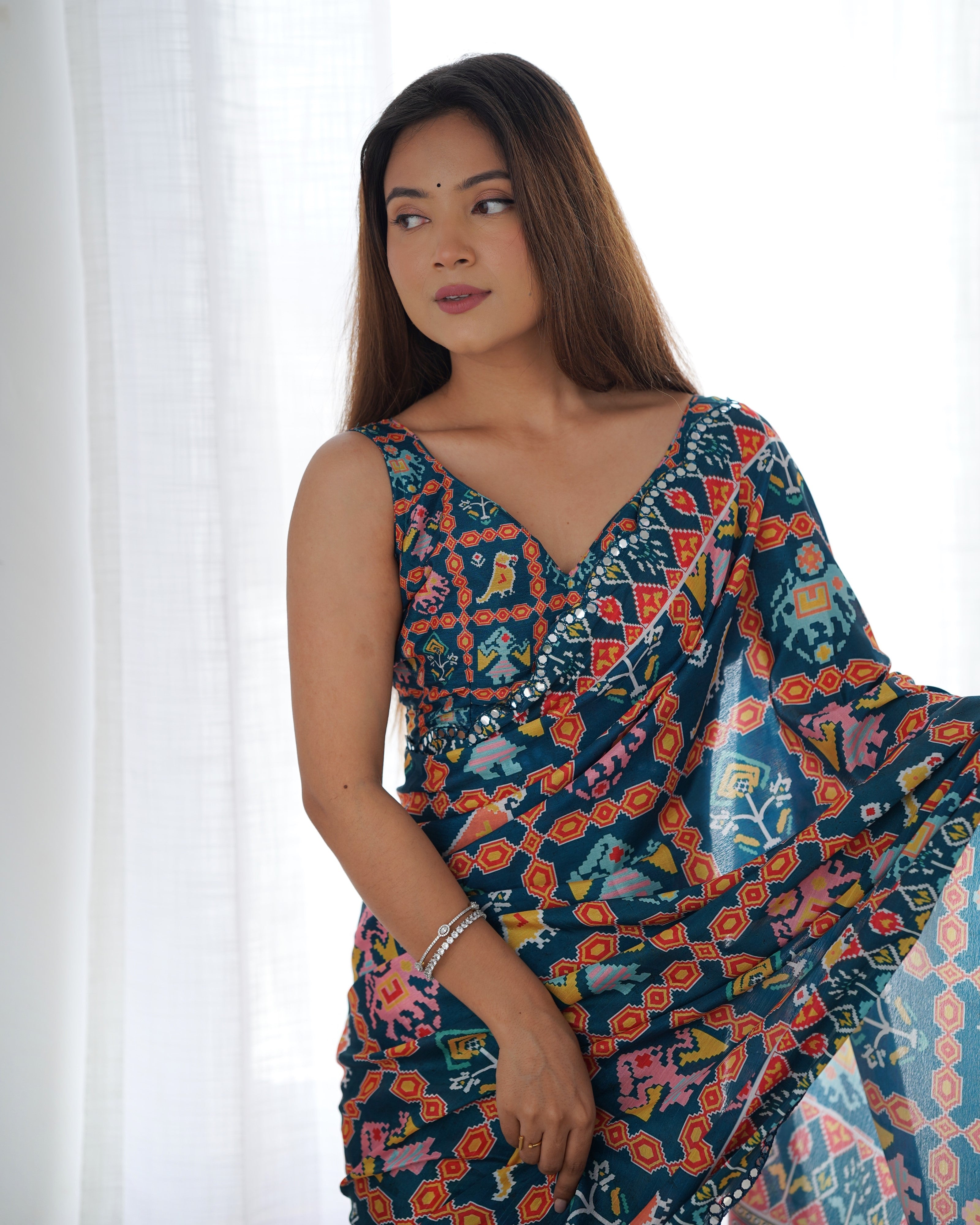 Teal Printed Chinon Saree with Mirror Lace Border Online