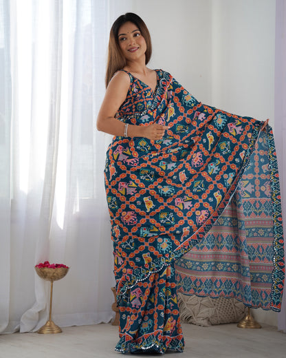 Teal Printed Chinon Saree with Mirror Lace Border for Women