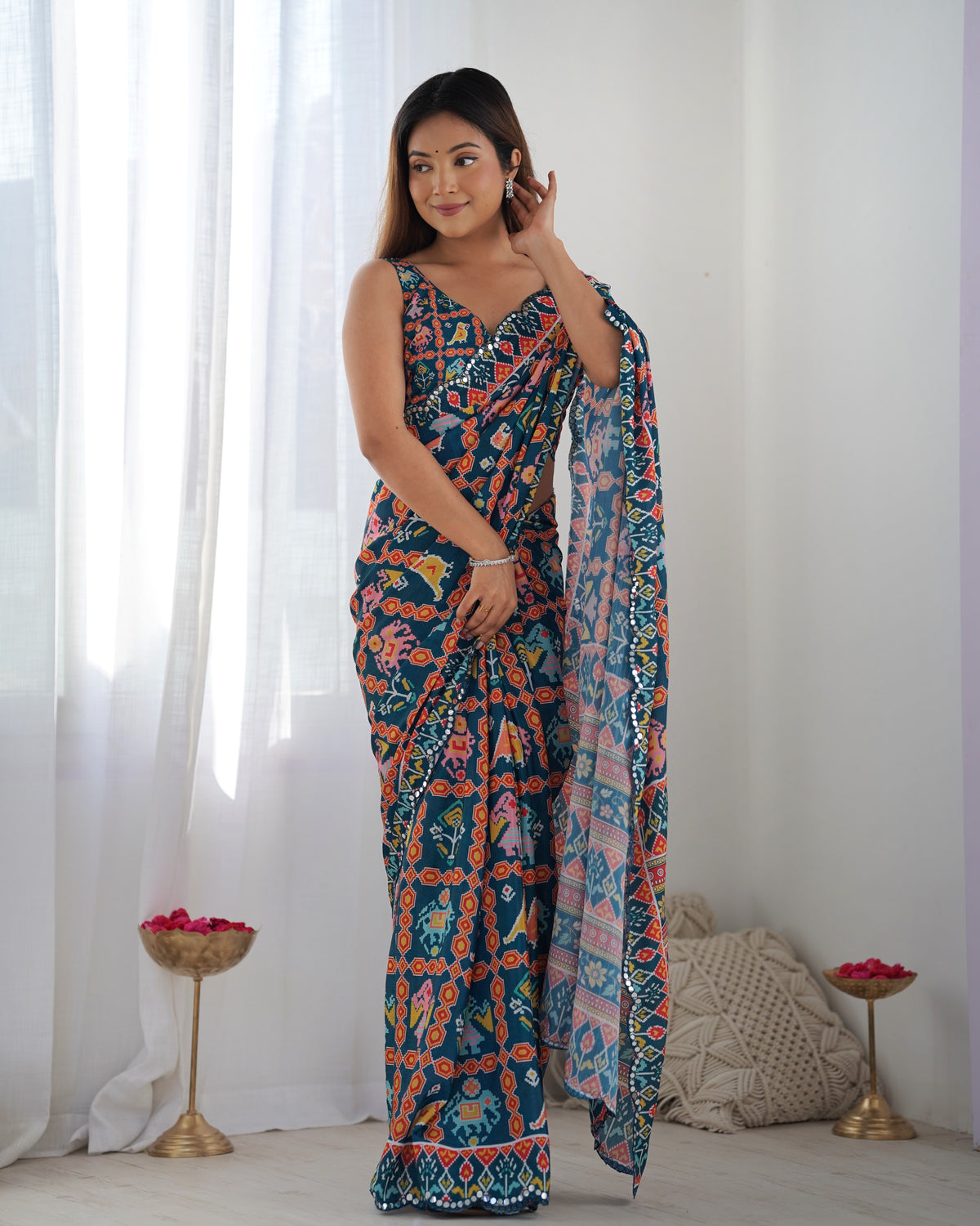 Teal Printed Chinon Saree with Mirror Lace Border for Women