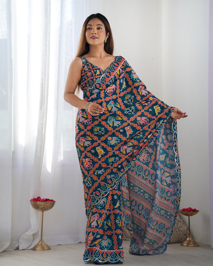 Teal Printed Chinon Saree with Mirror Lace Border for Women