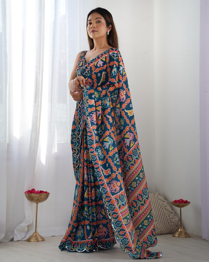 Teal Printed Chinon Saree with Mirror Lace Border for Women