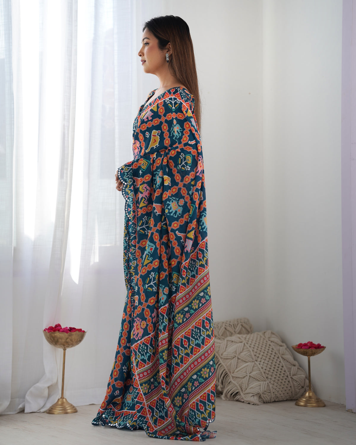 Teal Printed Chinon Saree with Mirror Lace Border for Women
