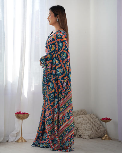 Teal Printed Chinon Saree with Mirror Lace Border for Women