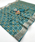 Teal Printed Moss Georgette Saree With Zari Border