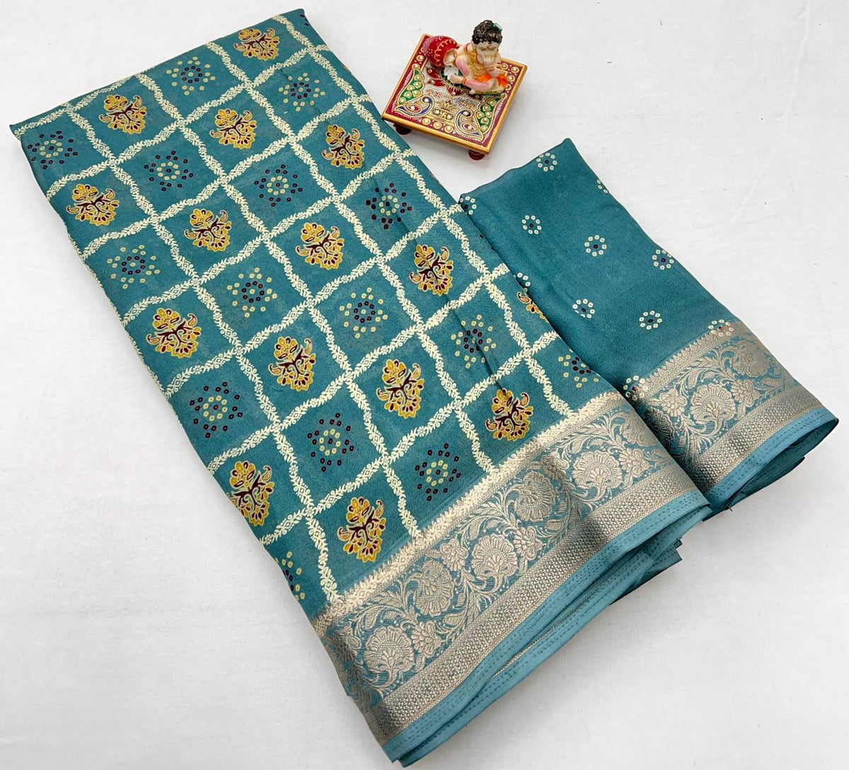 Teal Printed Moss Georgette Saree With Zari Border for Women