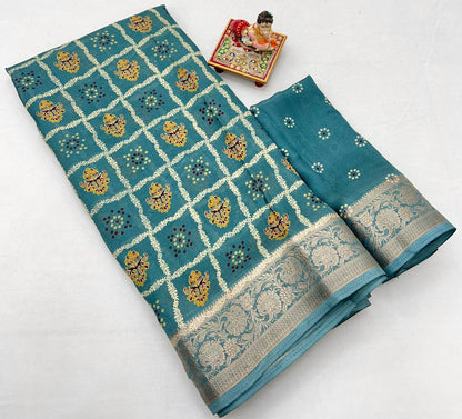 Teal Printed Moss Georgette Saree With Zari Border for Women