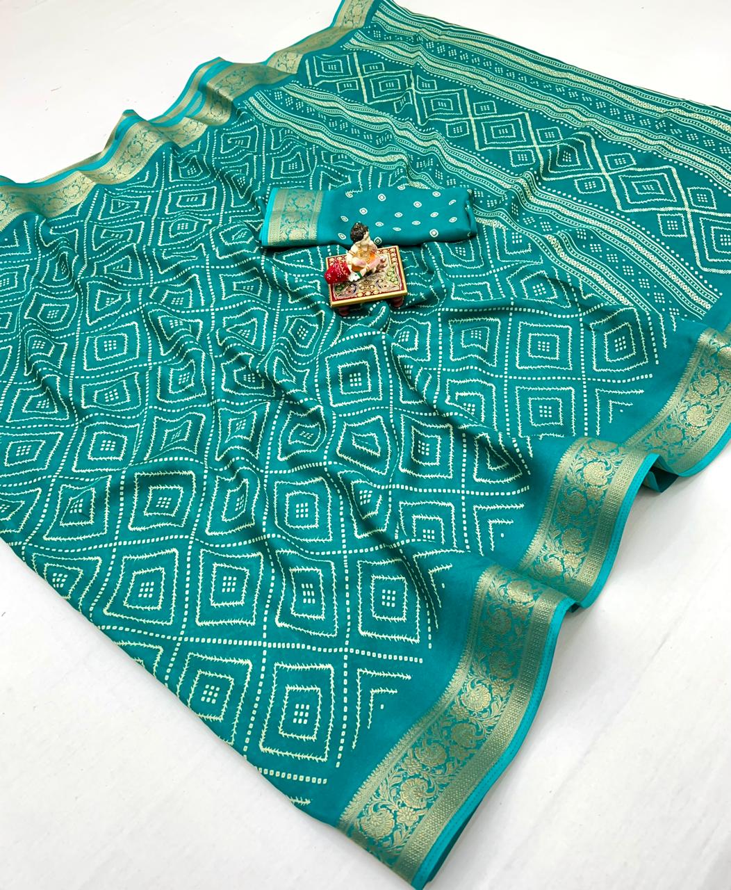 Teal Printed Moss Georgette Saree With Zari Border 2 for Women