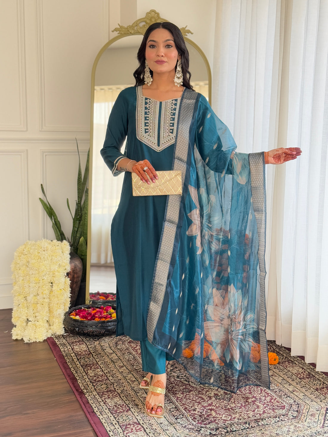 Teal Rayon Threadwork Salwar Suit for Women